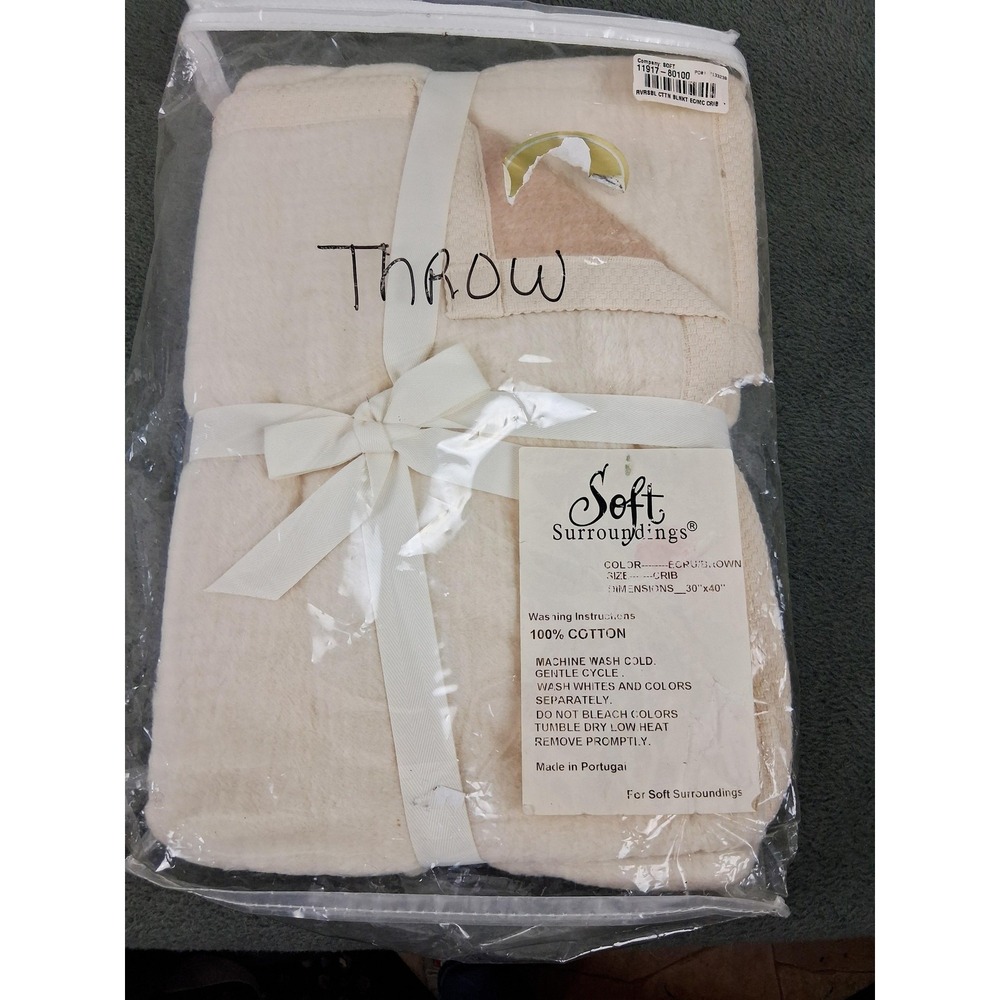 Soft Surroundings Reversible Cotton Throw Blanket Crib 30x40 Ecru Brown Portugal